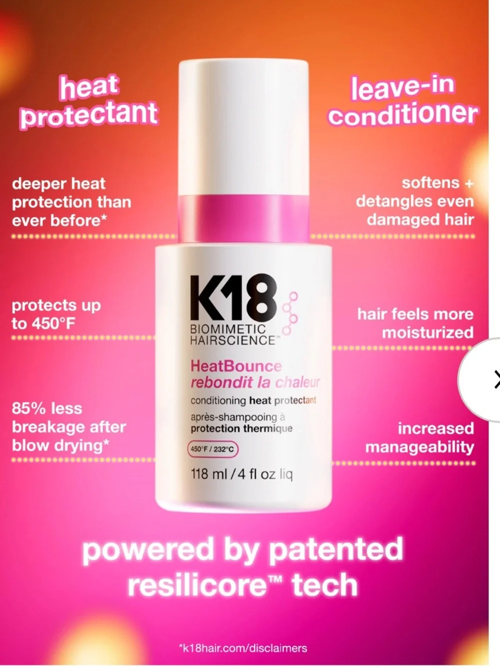 (2) K18 HeatBounce Conditioning Heat Protectant - Full Size 4 fl oz